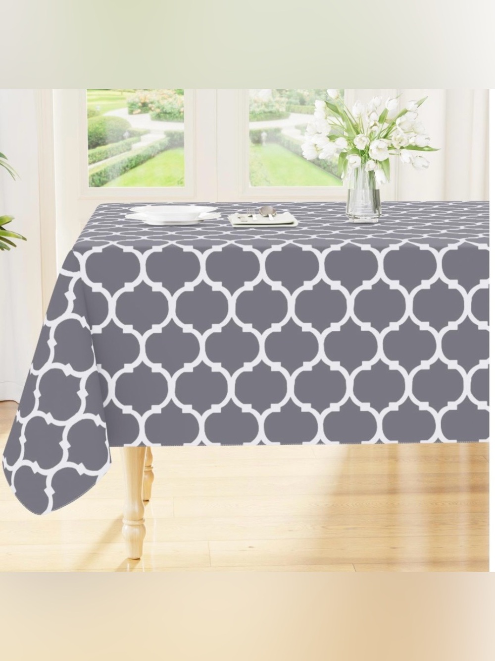 WATERPROOF Vinyl Tablecloth SQUARE 54x54” - MOROCCAN GRAY WHITE